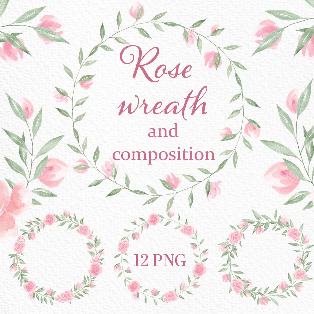Pink Rose Wreath Clip Art: Watercolor Floral Frame Set (PNG) - Etsy