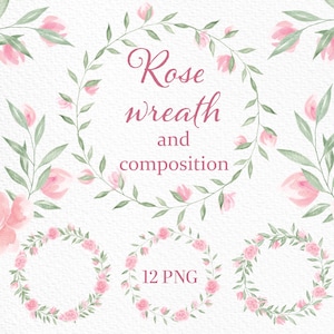 Ghirlande di rose rosa Clip Art, ghirlanda floreale, dipinta a mano, clipart acquerello, set di cornici, PNG, decorazioni di rose, invito di nozze, festa della mamma