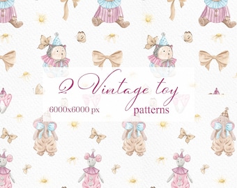 2 Vintage toy watercolor pattern, Nursery Animal Print (2 PNG, 6000x6000 px)