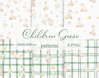 Watercolor Goose Seamless Pattern: Vintage Nursery Print (PNG, 3000x3000 px)