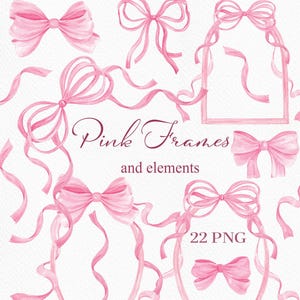 Könnte beinhalten: Aquarellillustration von rosa Schleifen, Bändern und Rahmen. Das Bild enthält verschiedene Schleifendesigns, fließende Bänder und Rahmen mit Bandakzenten. Der Text lautet "Pink Frames and elements" und "22 PNG".