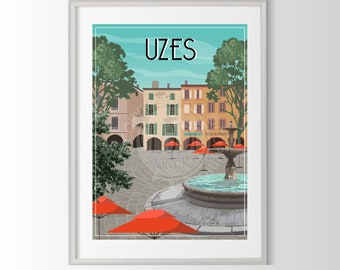 Póster de Uzès, póster de Uzès, recuerdo de Uzès, regalo de Uzès, póster de la región de Francia
