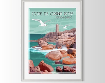 Pink Granite Coast poster, Brittany poster, Brittany poster, Perros Guirec poster, French city poster, Perros Guirec poster