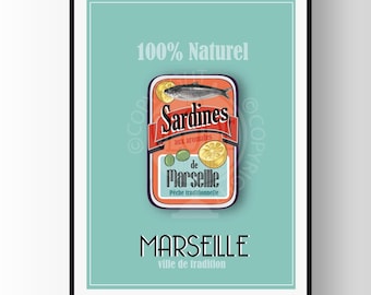 Marseille poster, sardine poster, French city poster, Marseille poster, French city poster, sardine poster, food poster
