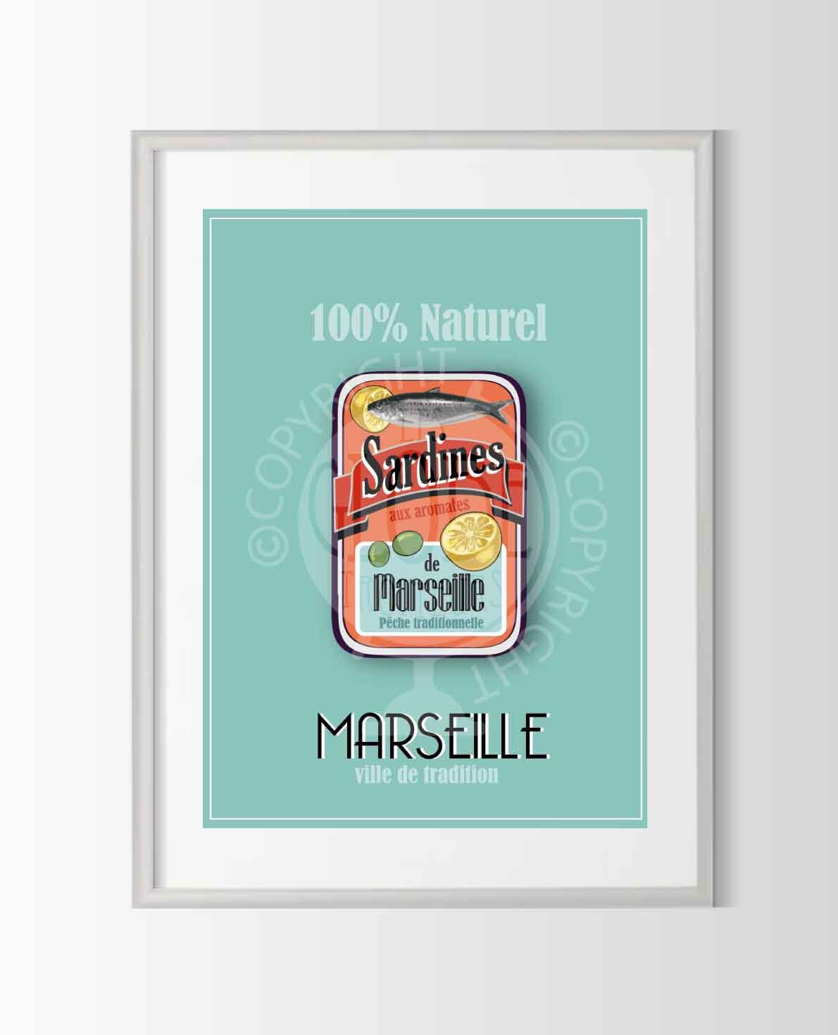 Affiche Marseille, Affiche Sardines, Poster Ville de France, Sardine