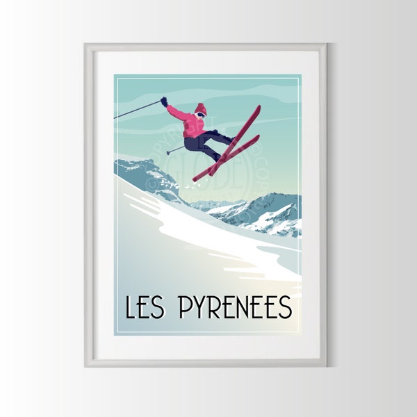 affiche Pyrénées, poster Pyrénées, souvenir Pyrénées, cadeau Pyrénées, ski, neige, affiche région de France
