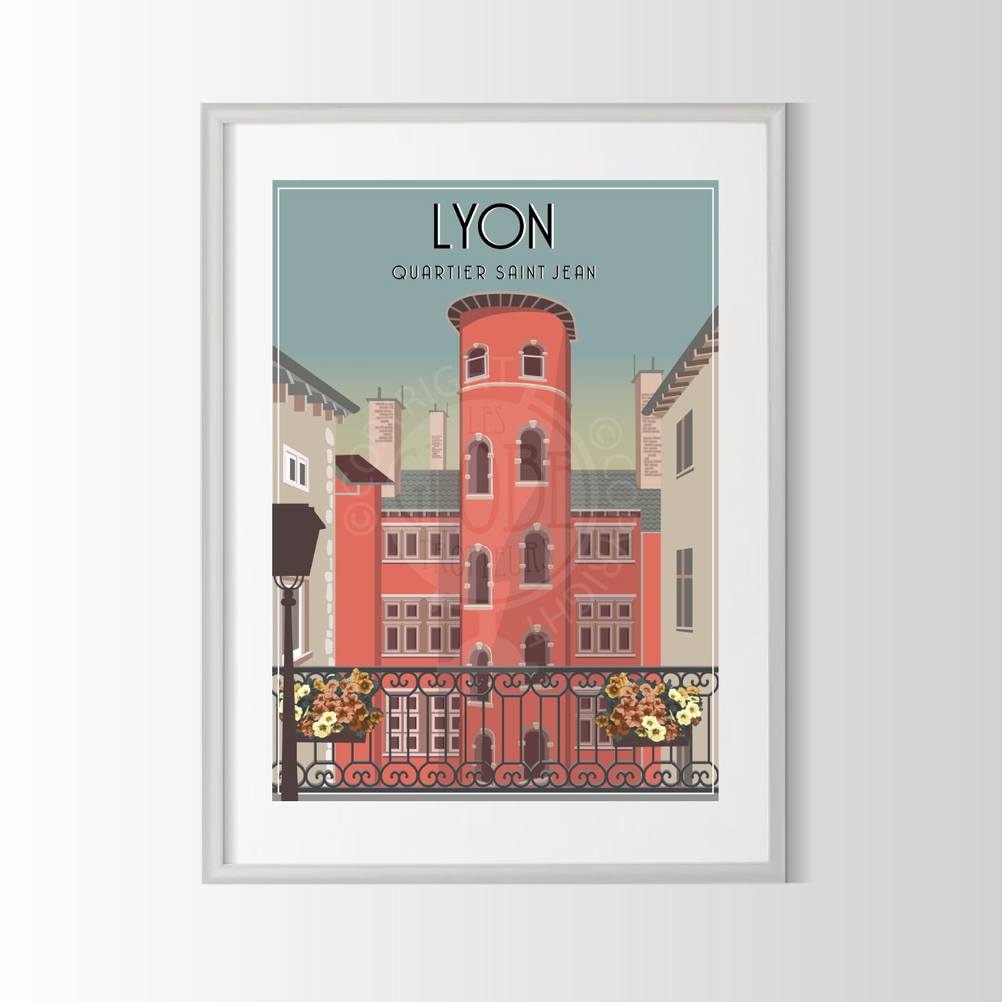 Affiche Lyon , Quartier Saint Jean, Poster Ville de France, Souvenir Lyon, Affiche Vintage