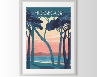 Póster de Hossegor, póster de Hossegor, recuerdo de Hossegor, póster de la ciudad de Francia, póster de viaje a Francia