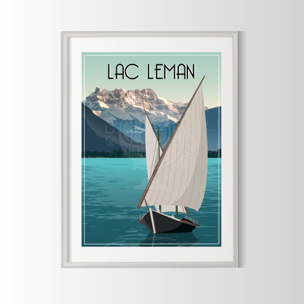 affiche lac Léman , poster lac Léman, souvenir lac Léman, cadeau lac Léman, affiche région de France, lac Léman