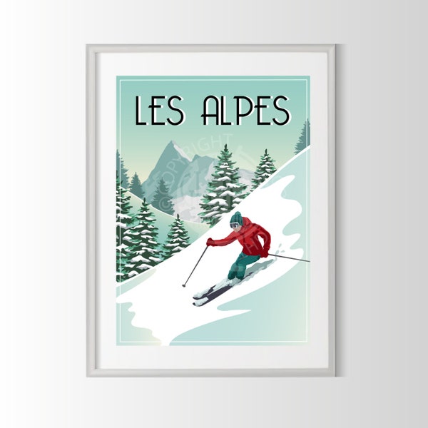 affiche Alpes , poster Alpes, souvenir Alpes, cadeau Alpes, ski, neige, affiche région de France