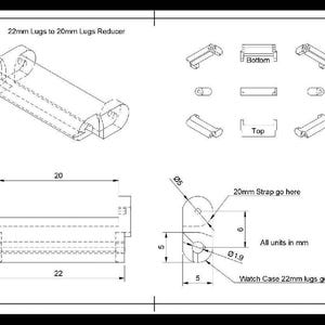 May include: Technical drawing of a 22mm to 20mm lugs reducer. The drawing includes multiple views and dimensions in millimeters, including a side view with a 22mm width and a top view with a 20mm width. Text includes "22mm Lugs to 20mm Lugs Reducer".