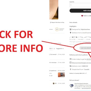 May include: Screenshot of an Etsy listing with the text "CLICK FOR MORE INFO" in red. The listing includes a button that says "Learn more about this item".