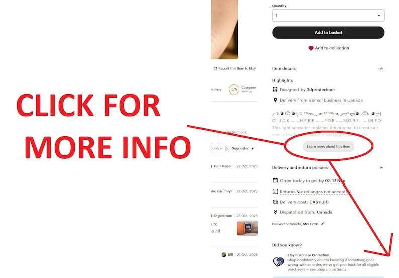 May include: Screenshot of an Etsy listing with the text "CLICK FOR MORE INFO" in red. The listing includes a button that says "Learn more about this item".