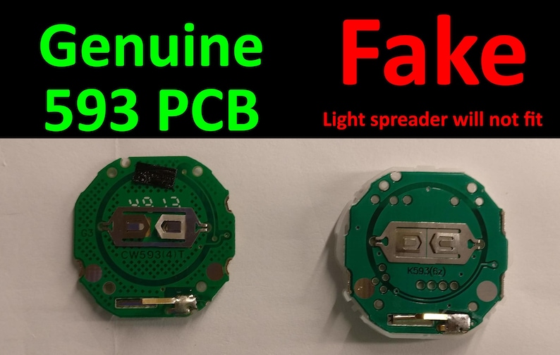 May include: Two green circuit boards, one labeled "Genuine 593 PCB" and the other "Fake." The genuine board has a small rectangular component and the text "CW593141T." The fake board has a different component layout.
