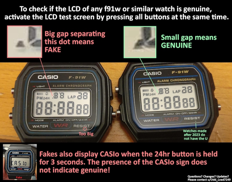 May include: Image comparing two Casio F-91W digital watches. One watch displays a "FAKE" LCD screen with a large gap, while the other shows a "GENUINE" screen with a small gap. Text explains how to identify a fake watch.