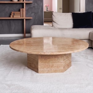 Travertine round coffee table , Natural Stone Tray-Top Pedestal Furniture , Travertine Side Table , Home Gift , Bedroom Side Table , Table