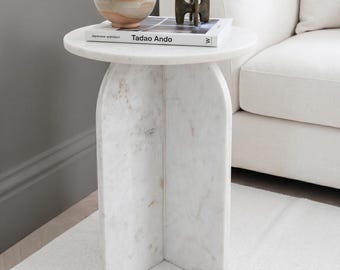 Carrara witte ronde salontafel , natuursteen meubelen op voetstuk , bijzettafel , ronde marmeren tafel , bijzettafel , marmeren tafel