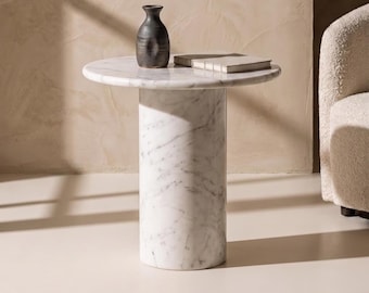 Witte Carrara-marmeren bijzettafel, marmer sokkel, marmeren bijzettafel, marmeren salontafel, ronde marmeren tafel, marmeren tafel