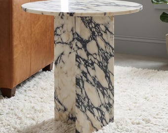 Calacatta Altviool ronde marmeren tafel , Ronde luxe bijzettafel , Marmeren bijzettafel , Bijzettafel sokkel , Marmeren salontafel , Marmeren tafel
