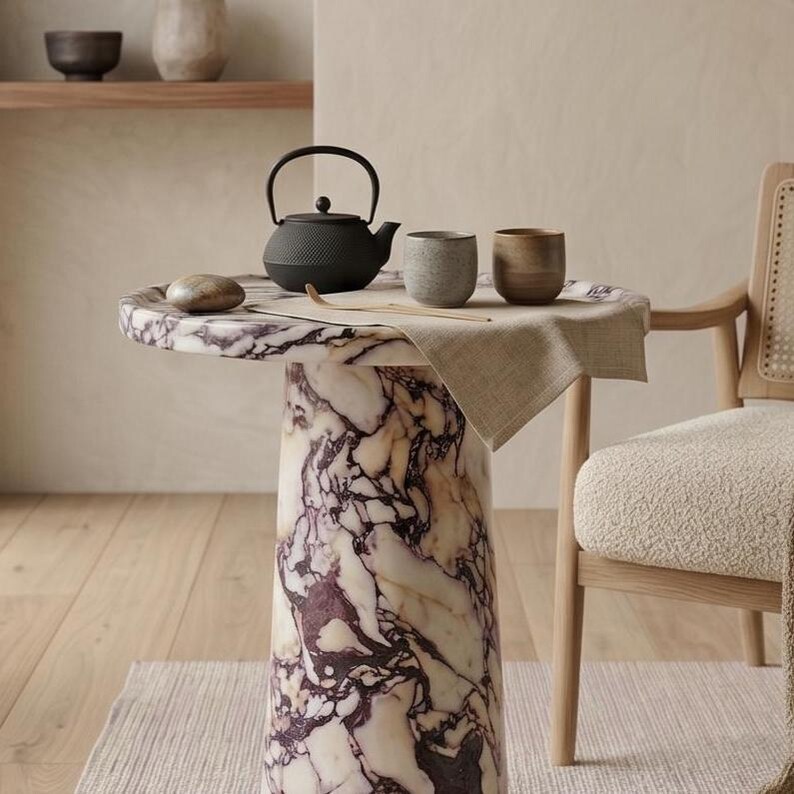 Calacatta Viola marmorpiedestal sidobord , marmor soffbord , marmor sidobord , marmorbord , marmor runt bord , marmor bordsskiva bild 9