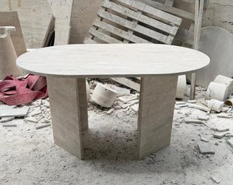 Aangepaste travertijn eettafel, ovale natuurstenen tafel voor keuken, Wabi Sabi Beige dubbel voetstuk bureau, rustig luxe decor, tafel
