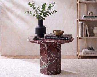 Rosso Levanto sokkel bijzettafel , salontafel natuurlijk marmer , ronde stenen bijzettafel , Rosso Levanto , marmeren bijzettafel , tafel