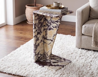 Lyxigt C-bord i Calacatta-violmarmor | Modernt sidobord i lila sten | Minimalistiskt sidobord för vardagsrum, soffbord, bord