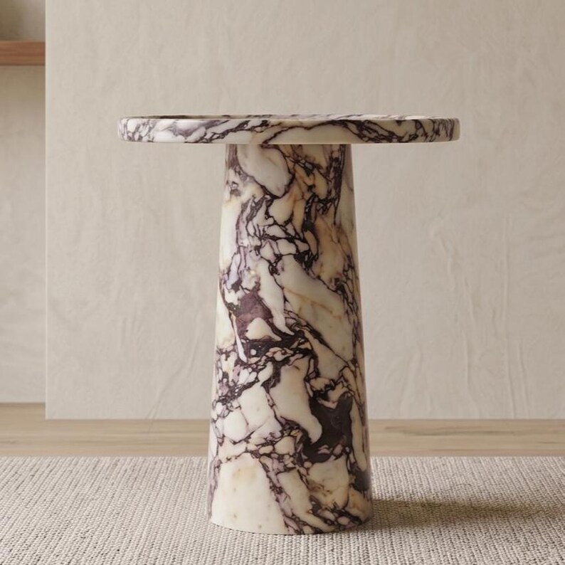 Calacatta Viola marmorpiedestal sidobord , marmor soffbord , marmor sidobord , marmorbord , marmor runt bord , marmor bordsskiva bild 11