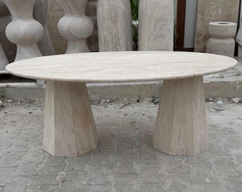 Ovale eettafel travertijn, organische moderne geometrische sokkel stenen tafel, minimalistische Japandi-meubels, op maat gemaakte dubbele tafel