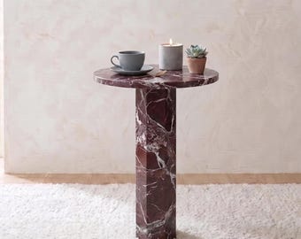 Rosso Levanto sokkel bijzettafel , salontafel natuurlijk marmer , ronde stenen bijzettafel , Rosso Levanto , marmeren bijzettafel , tafel