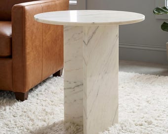 Carrara witte ronde salontafel , natuursteen meubelen op voetstuk , bijzettafel , ronde marmeren tafel , bijzettafel , marmeren tafel