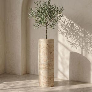May include: A cylindrical, beige stone planter holds a small olive tree with green leaves and olives. The planter is textured and stands on a light-colored surface. The background is a neutral-toned wall with shadows.