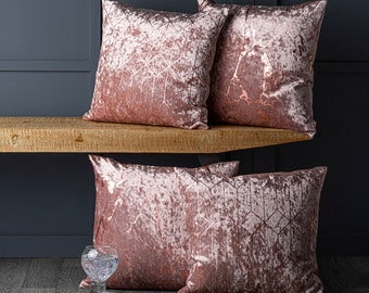 Set of 4 Metallic Deco Diamond & Marble Crushed Velvet Blush Pink or Silver Cushion Covers 18 inch / 45cm Square