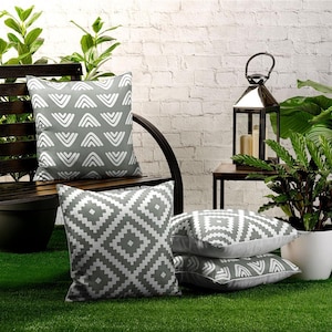 4 Pack of Waterproof Garden Cushion Covers Mixed Set of Boho Designs 18 inch x 18 inch 45cm Square Grey