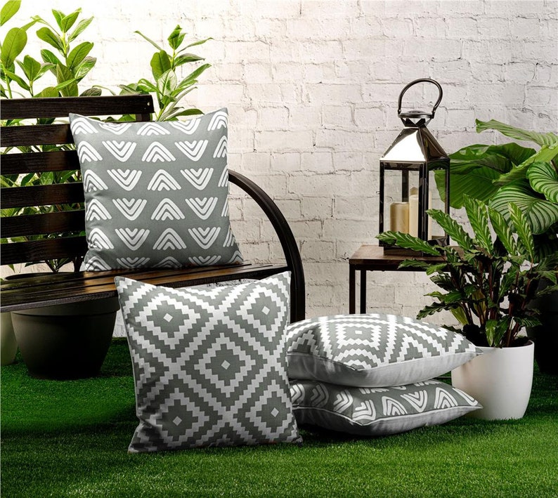 4 Pack of Waterproof Garden Cushion Covers Mixed Set of Boho Designs 18 inch x 18 inch 45cm Square Grey