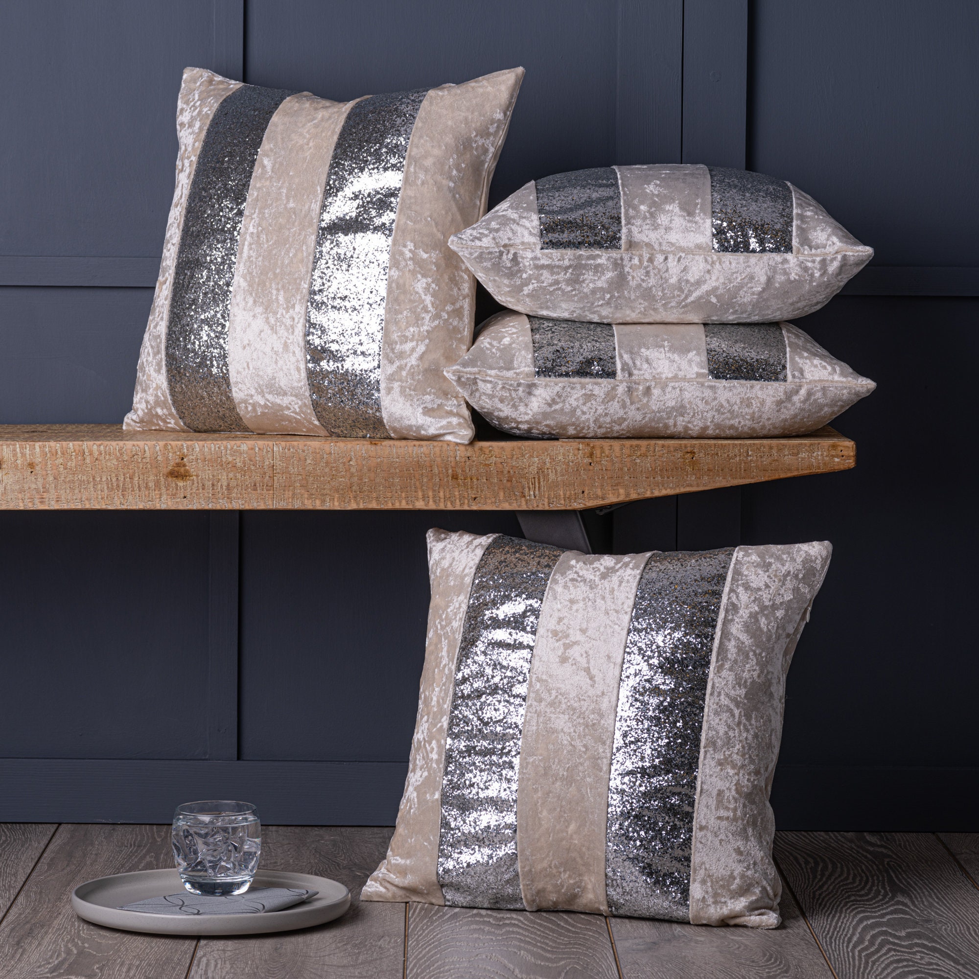 Set of 4 Luxury Silver Glitter Stripe Crushed Velvet Cushion Etsy