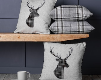 Set of 4 Highland Stag & Tartan Check 18 inch Grey Cushion Covers