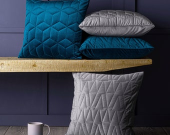 Set of 4 Quilted Teal Blue and Grey Luxury Super Soft Velvet Geometric & Scandinavian 18" Cushion Covers