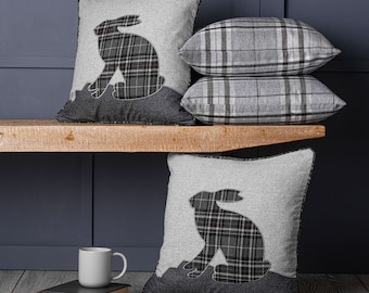 Set of 4 Highland Hare & Tartan Check 18 inch Grey Cushion Covers