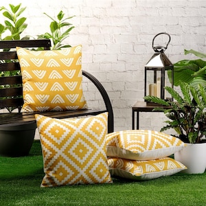 4 Pack of Waterproof Garden Cushion Covers Mixed Set of Boho Designs 18 inch x 18 inch 45cm Square Yellow