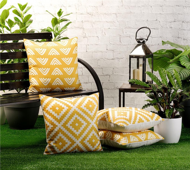 4 Pack of Waterproof Garden Cushion Covers Mixed Set of Boho Designs 18 inch x 18 inch 45cm Square Yellow