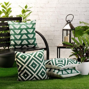 4 Pack of Waterproof Garden Cushion Covers Mixed Set of Boho Designs 18 inch x 18 inch 45cm Square Green