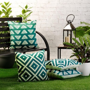 4 Pack of Waterproof Garden Cushion Covers Mixed Set of Boho Designs 18 inch x 18 inch 45cm Square Teal