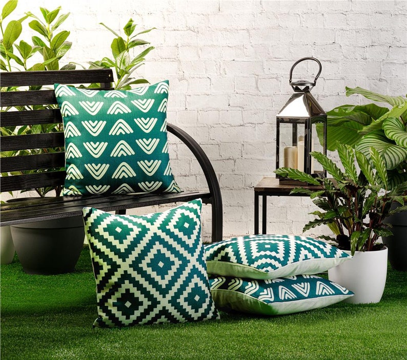 4 Pack of Waterproof Garden Cushion Covers Mixed Set of Boho Designs 18 inch x 18 inch 45cm Square Teal