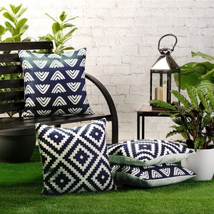 4 Pack of Waterproof Garden Cushion Covers Mixed Set of Boho Designs 18 inch x 18 inch 45cm Square Navy Blue