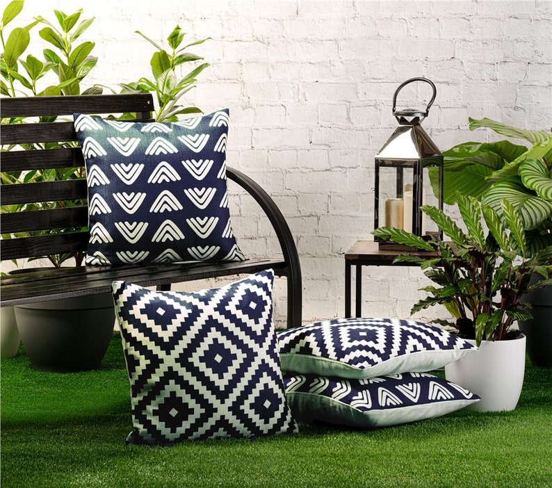 4 Pack of Waterproof Garden Cushion Covers Mixed Set of Boho Designs 18 inch x 18 inch 45cm Square Navy Blue