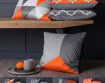 Set of 4 Orange & Grey Geometric 18 inch Cushion Covers Beautiful Super Soft Fabric