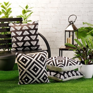 4 Pack of Waterproof Garden Cushion Covers Mixed Set of Boho Designs 18 inch x 18 inch 45cm Square Black