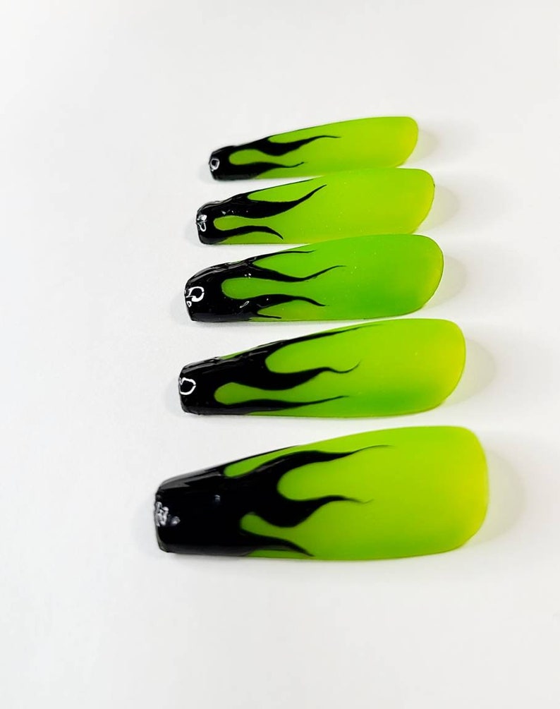 Toxic Black Flames Acid Green Nails Alternative Nails Etsy