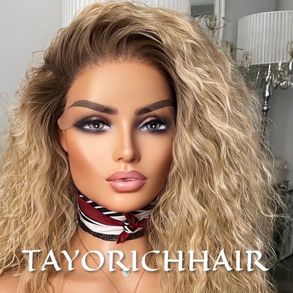 Curly Blonde Lace Front Wig With Streaks And Dark Roots/Light Weight Wig For Daily Wear/ Big Blonde Full Curly Synthetic Lace Wig/ Small Cap
